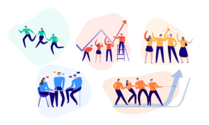 5 drawn team groups denoted by different colored shirts 