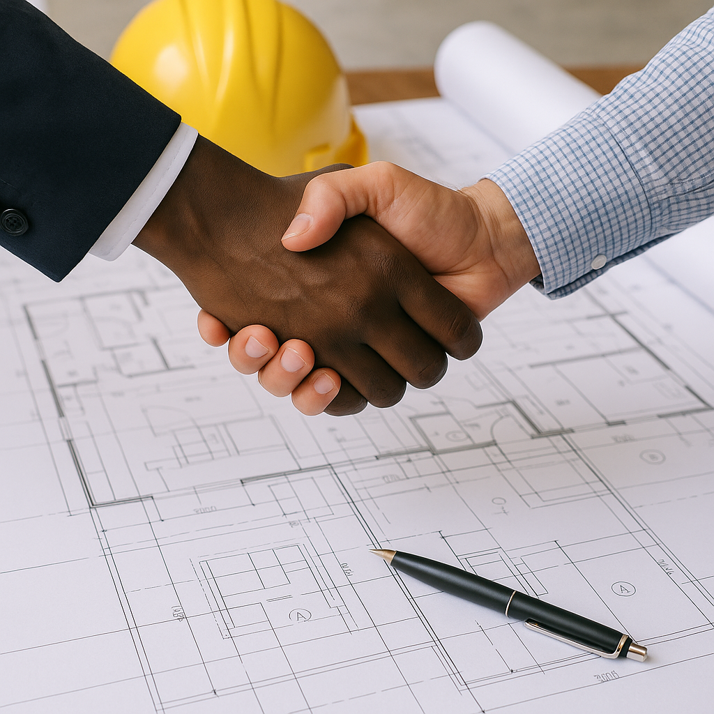 Two hands shaking over blueprint indicating independence and collaboration