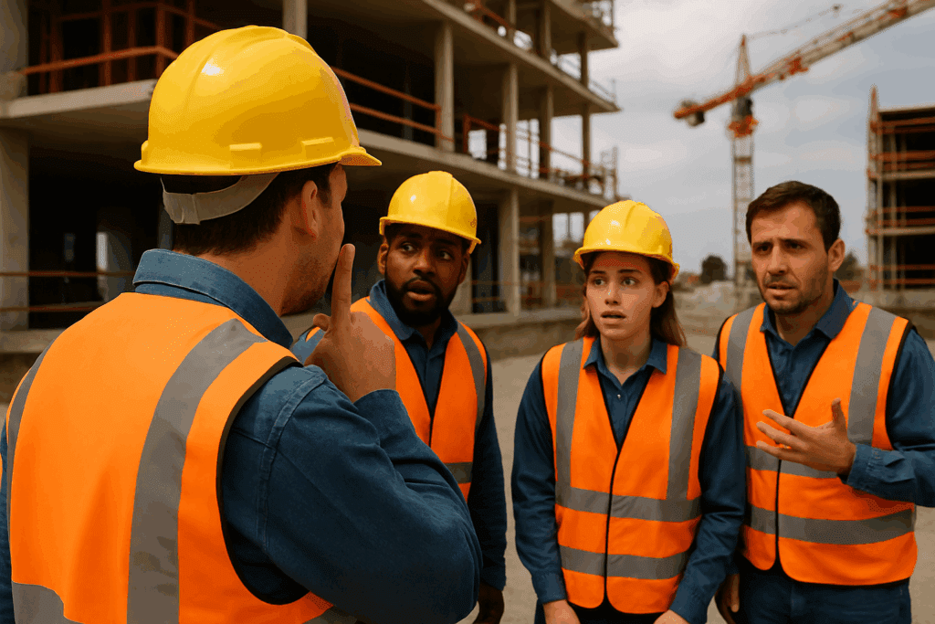 Construction worker encouraging team to keep quiet and keep secrets