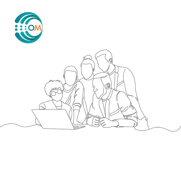 line drawing showing collaborative mindsets in action - five people surrounding a computer 