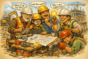 Curiosity - construction team surrounding blueprints asking questions