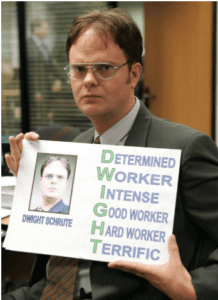 Dwight from The Office TV Show with his sign D-Determined, W-Worker, I-Intense, G-Good Worker, H-Hard Worker, and T-Terrific