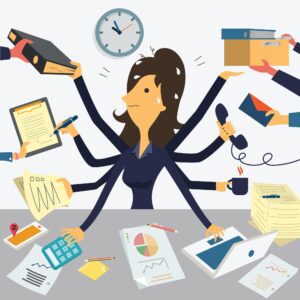 Woman with 8 arms dealing with high stress doing all the administrative things with a clock behind her