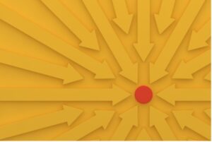 Yellow arrows pointing to a red dot