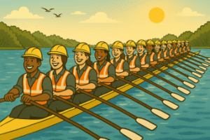 Construction workers rowing a kayak on a clear lake.