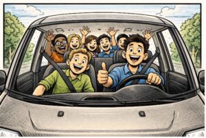 Happy people in a car giving "thumbs up"