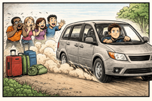 People and their luggage left behind as a car and driver speed off