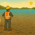 Construction worker looking at a lake that is muddy around the edges and clear in the middle. Clarity drives project success.