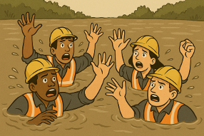 Construction workers up to there chest in muddy water. Clarity drives project success.