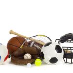 Sports equipment (basketball, volleyball, baseball, baseball bat, baseball mitt, and face mask)