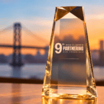 New 9th Annual San Francisco Collaborative Partnering Award Applications - trophy with the Golden Gate Bridge in the background