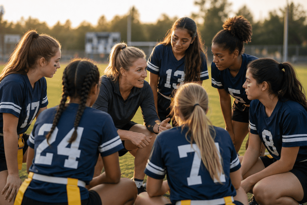 Girls flag football team with coach