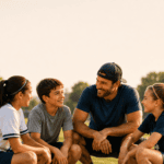 A man sitting and talking to 3 kids - the power of a neutral voice
