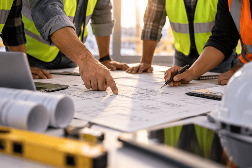 Construction team reviewing blueprints