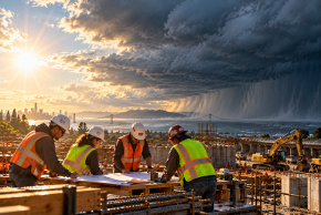 Storm heading to construction job site while crew look at blueprints